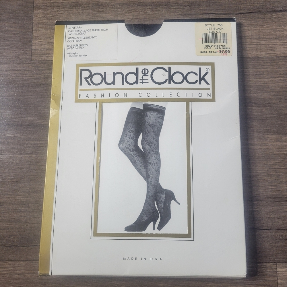 Vtg Round The Clock Nylon Thigh High Black Style 756 Size C/D Made In USA